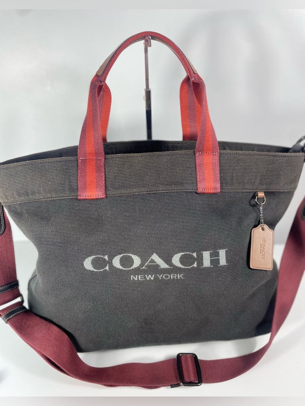 Coach Canvas Tote with Red Accent Handles and Strap